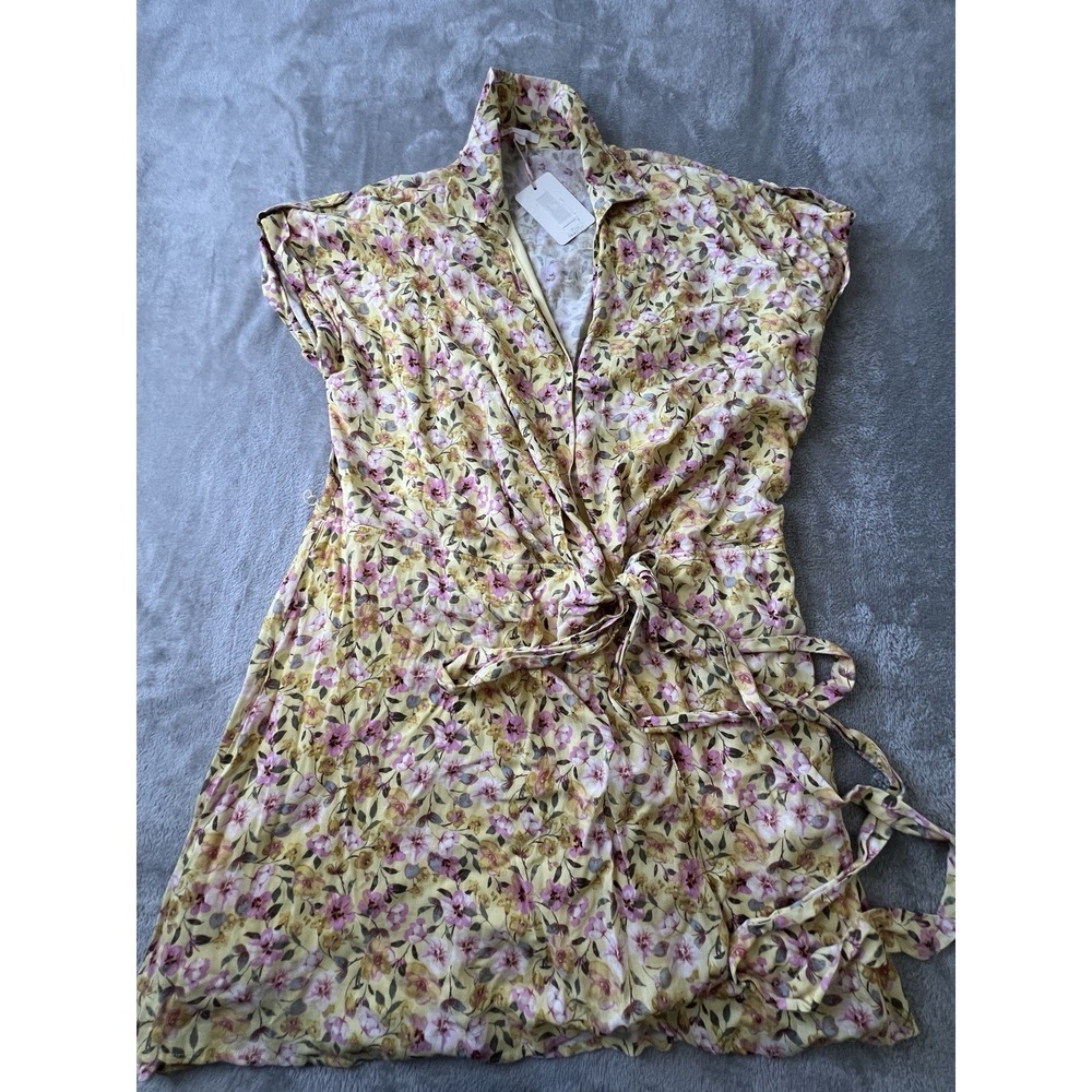 GB Womens Dress XL Yellow Pink Floral Wrap Mini Short Sleeve Tie Waist NWT